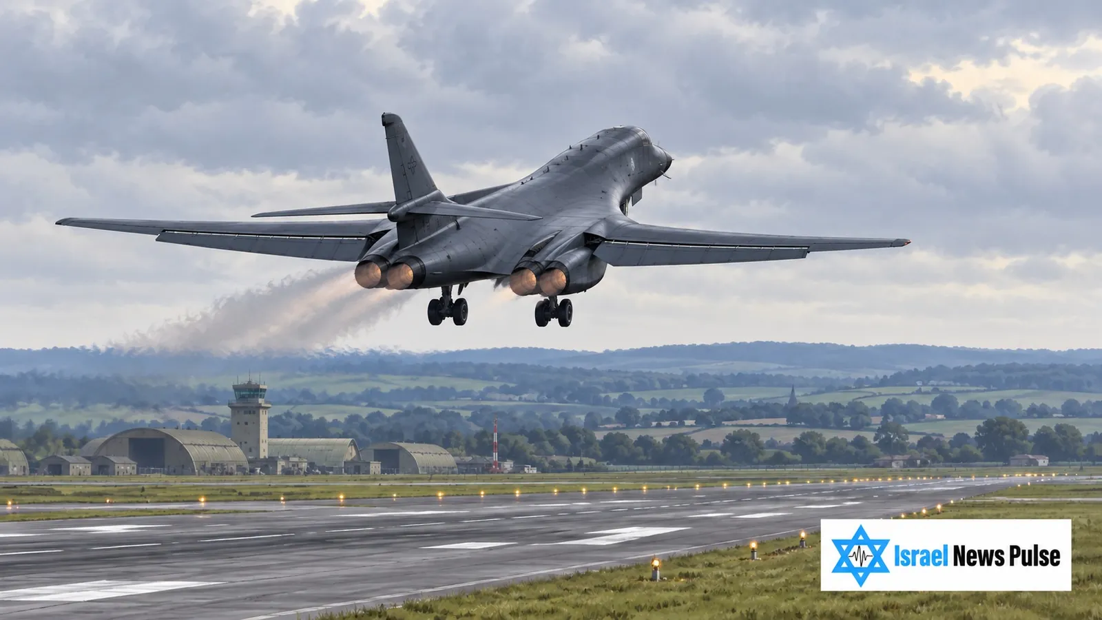 رسم توضيحي لقاذفة B-1B تقلع فوق مطار في إنجلترا، مع شعار Israel News Pulse.
