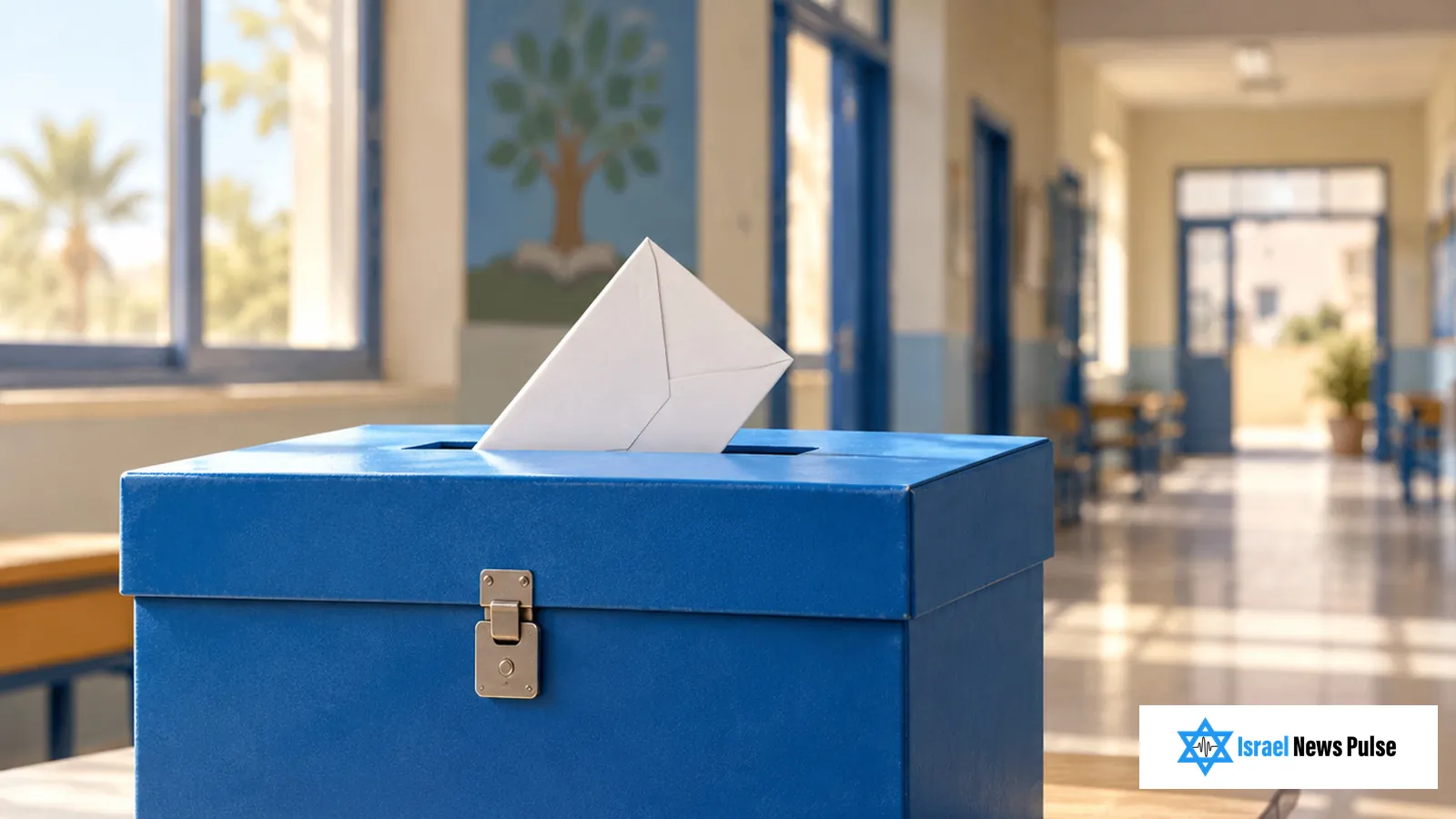 Urna azul e envelope no corredor de uma escola