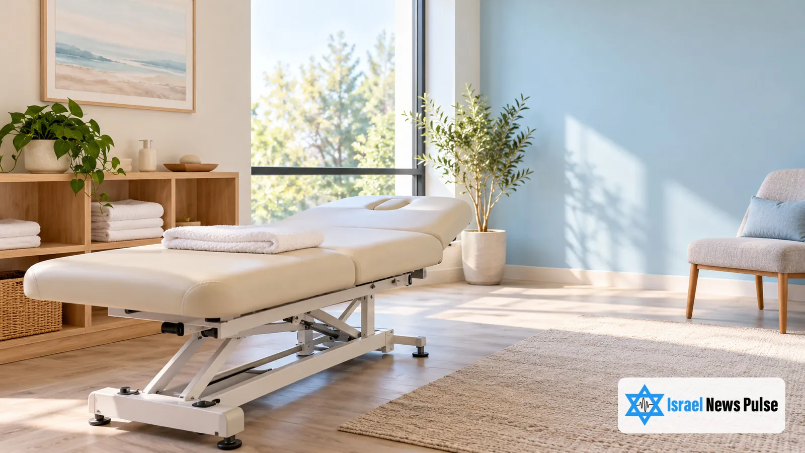 Une salle de soins lumineuse et vide contient une table d’examen rembourrée, des serviettes pliées et une petite plante.