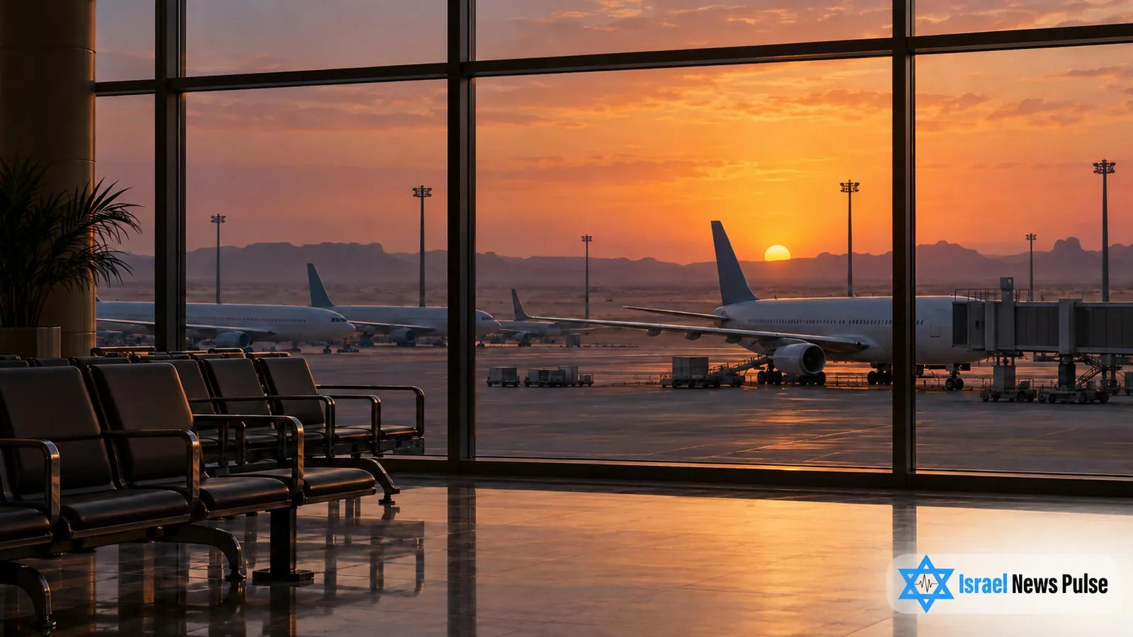 Leere Sitze in einem Flughafenterminal mit Blick auf geparkte Passagierflugzeuge auf dem Vorfeld bei Sonnenuntergang.