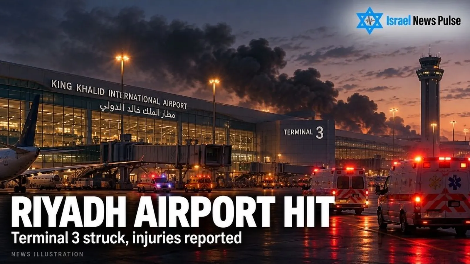 Das bereitgestellte Bild zeigt ein Terminal unter dunklem Rauch, Einsatzfahrzeuge und eine englische Schlagzeile über Riad.
