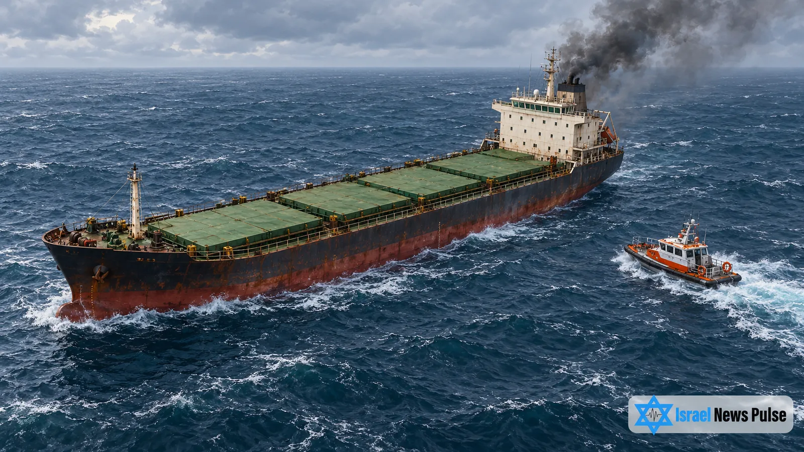 Redaktionelle Illustration eines Getreidefrachters mit Rauch am Heck und einem herannahenden Rettungsboot.