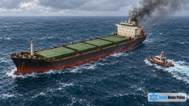 Redaktionelle Illustration eines Getreidefrachters mit Rauch am Heck und einem herannahenden Rettungsboot.