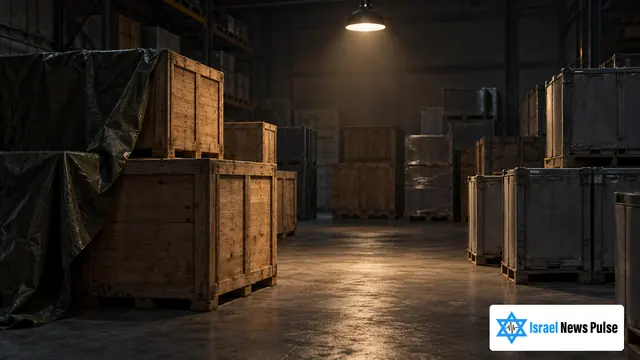 صناديق خشبية وحاويات معدنية تحت مصباح في مستودع مظلم، مع غطاء مشمع يكسو جزءا من إحدى الكومات.