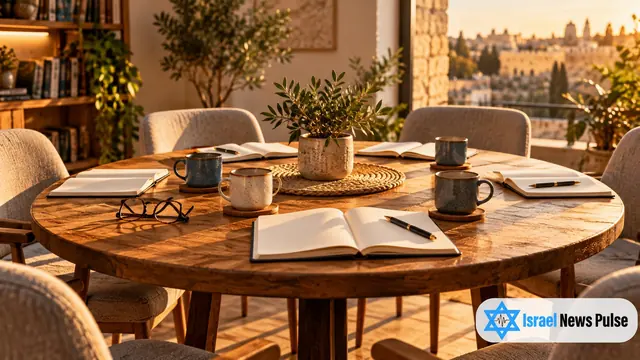 توجد دفاتر ونظارات قراءة وأكواب على طاولة مستديرة تحيط بها كراس فارغة.