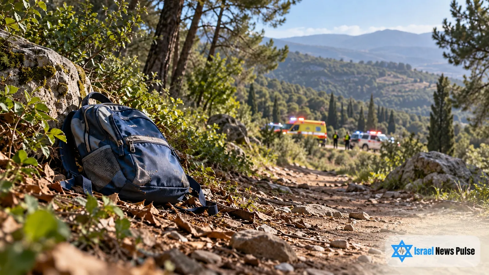 Staubiger blauer Rucksack auf einem Waldweg, in der Ferne Einsatzfahrzeuge.