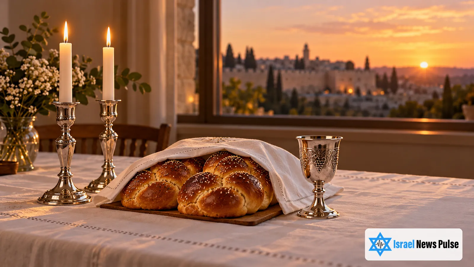 Duas velas, um pão trançado de chalá e uma taça de prata estão sobre uma mesa na luz do entardecer.