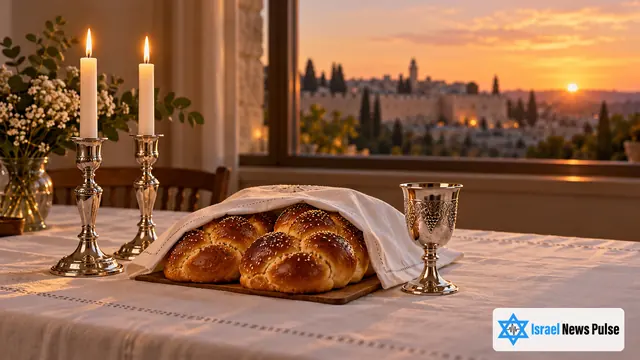 Two candles, a braided challah loaf and a silver cup stand on a table in evening light.