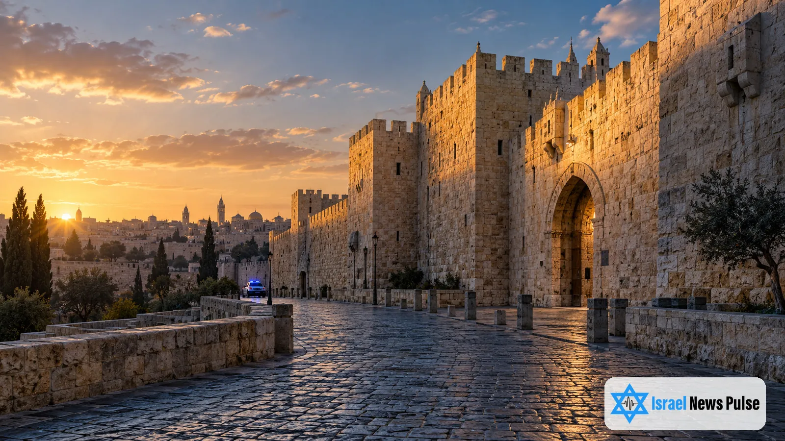 Die Steinmauern der Jerusalemer Altstadt an einem leeren gepflasterten Zugang im Morgengrauen, mit einem Polizeifahrzeug mit Blaulicht in der Ferne.
