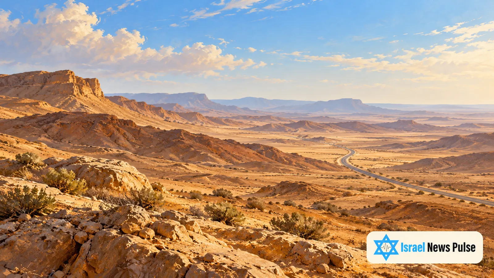 رسم لتلال منخفضة بلون المغرة وطريق خال بعيد في مشهد صحراوي واسع بالنقب تحت سماء زرقاء فاتحة.