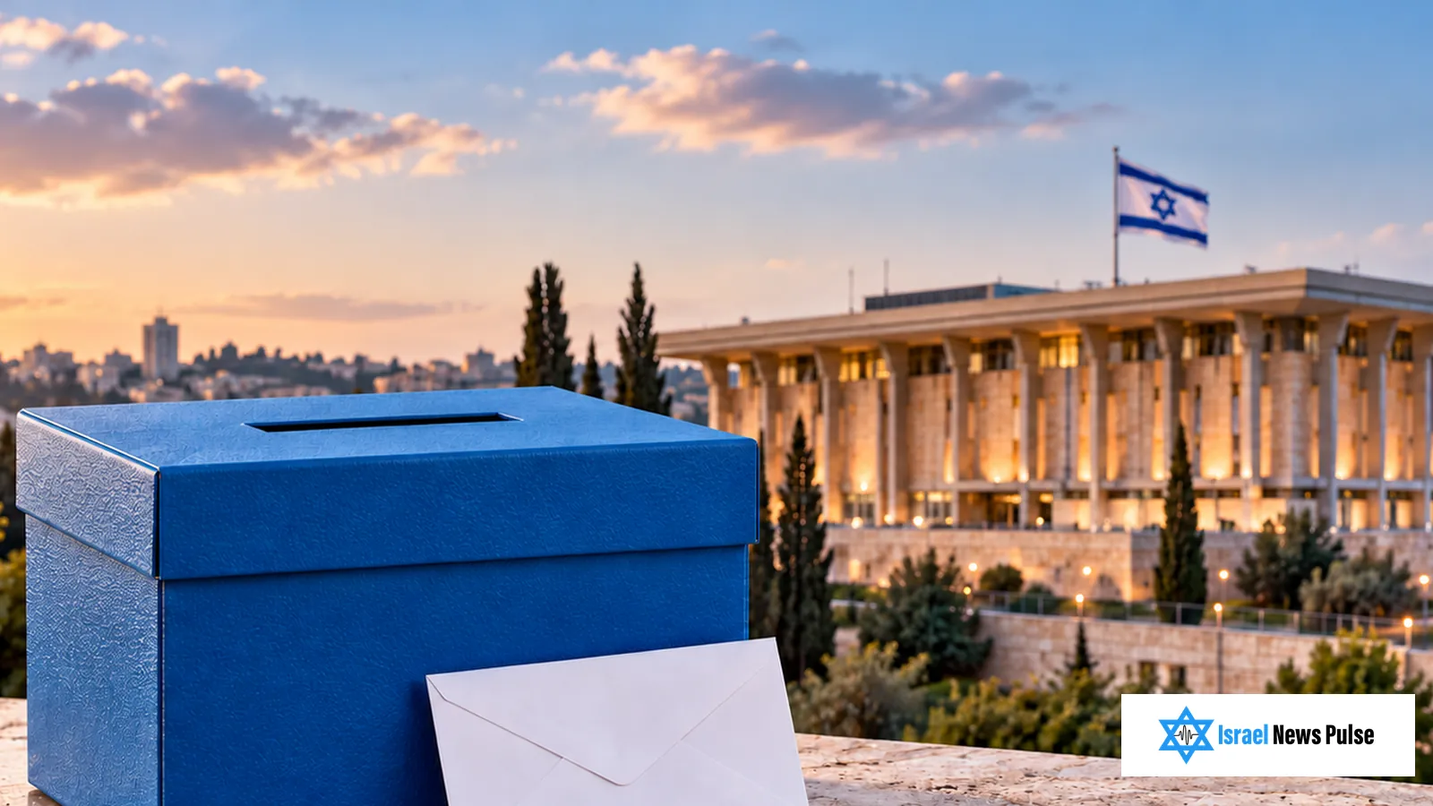 Blue ballot box and an envelope with the Knesset in the background at sunset