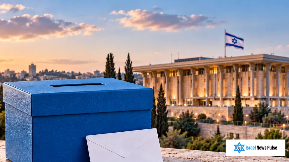 Blue ballot box and an envelope with the Knesset in the background at sunset