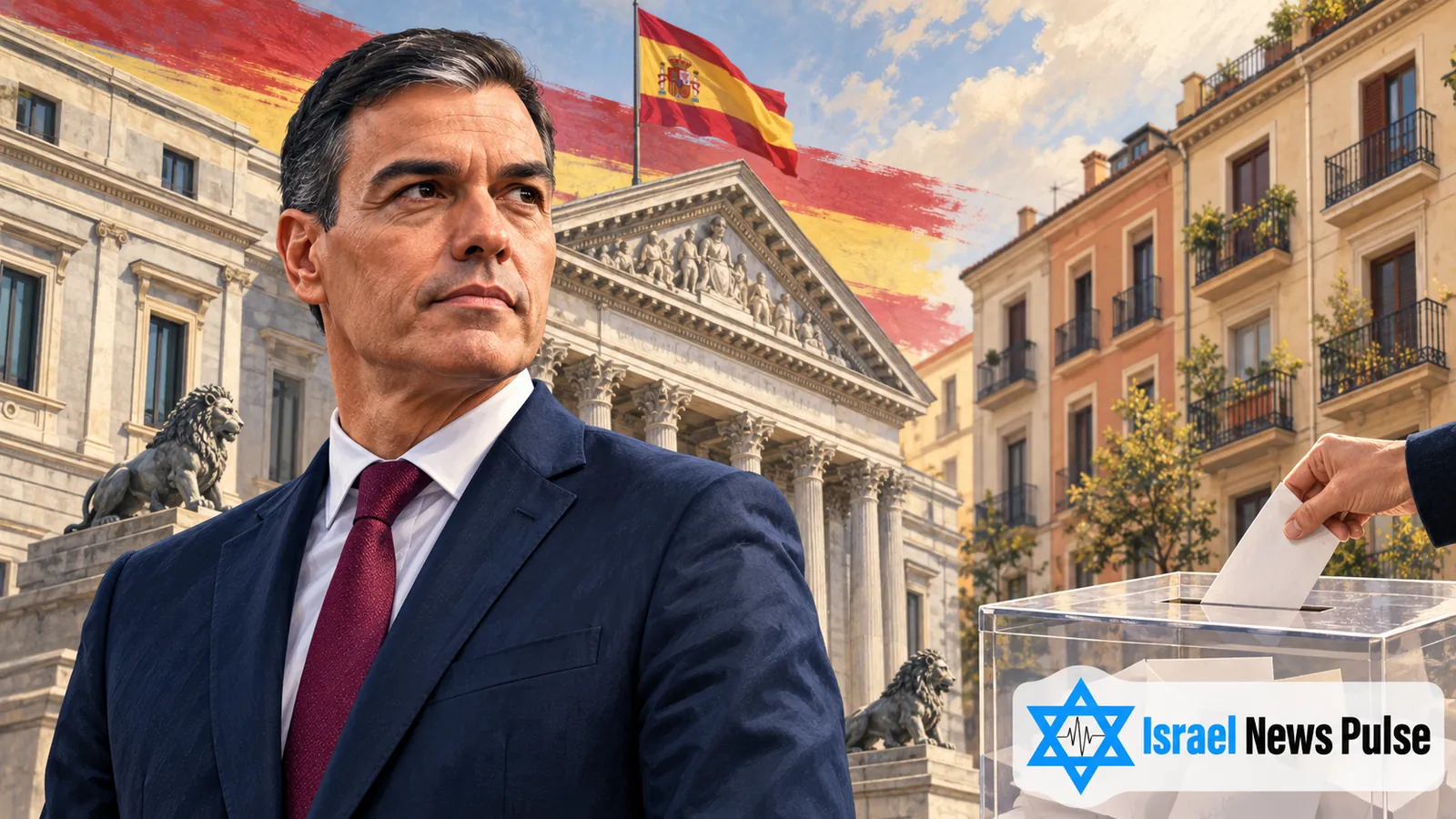 Redaktionelle Illustration von Pedro Sánchez mit dem spanischen Kongress, Wohnhäusern und einer Wahlurne.