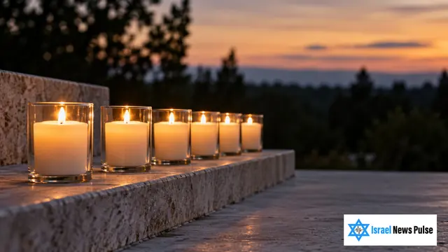 Una fila de velas conmemorativas arde sobre un escalón de piedra clara al anochecer, con árboles desenfocados al fondo.