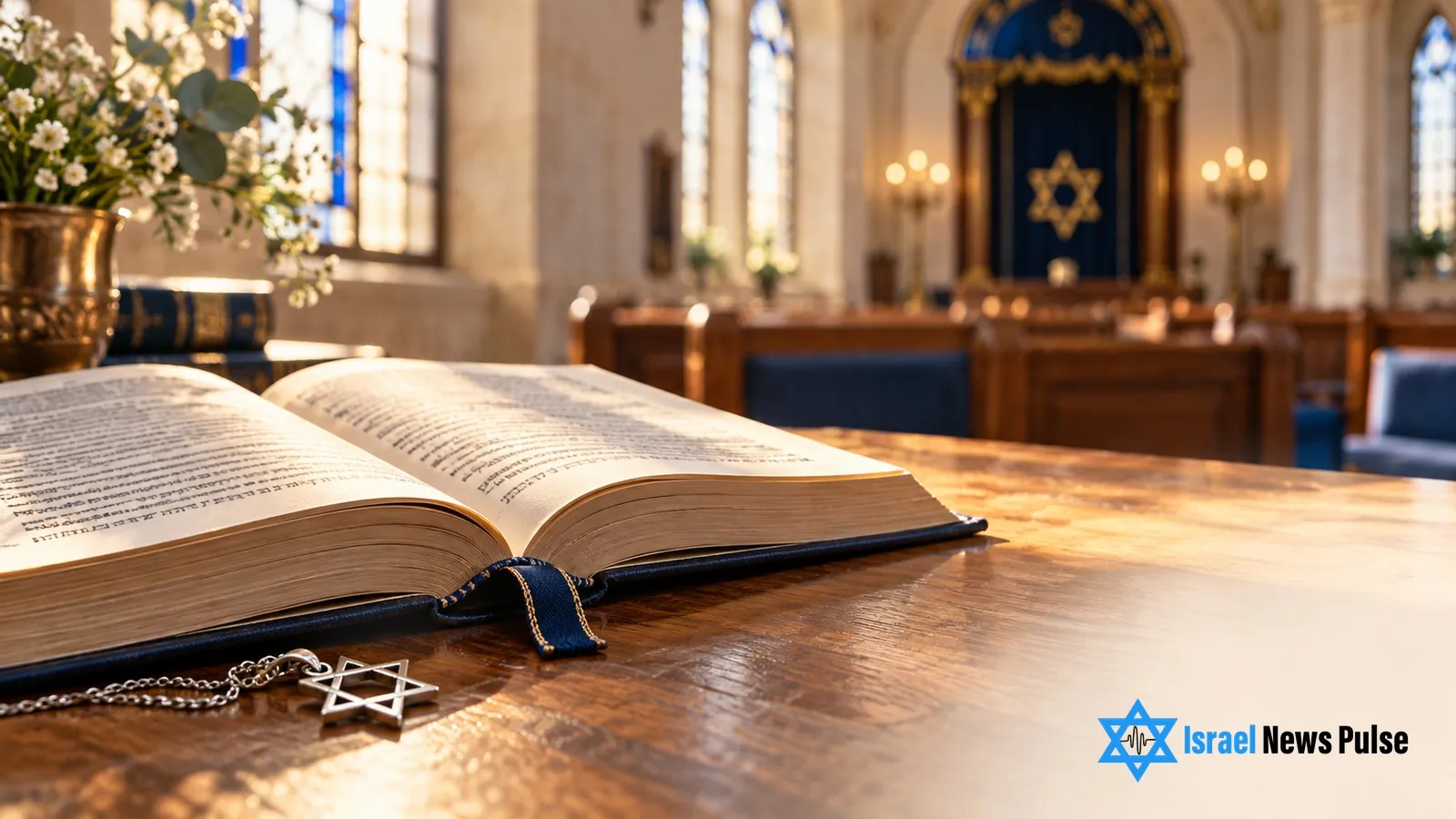 رسم توضيحي لكتاب دراسة مفتوح وقلادة نجمة داود على طاولة أمام خلفية كنيس بإضاءة ناعمة.