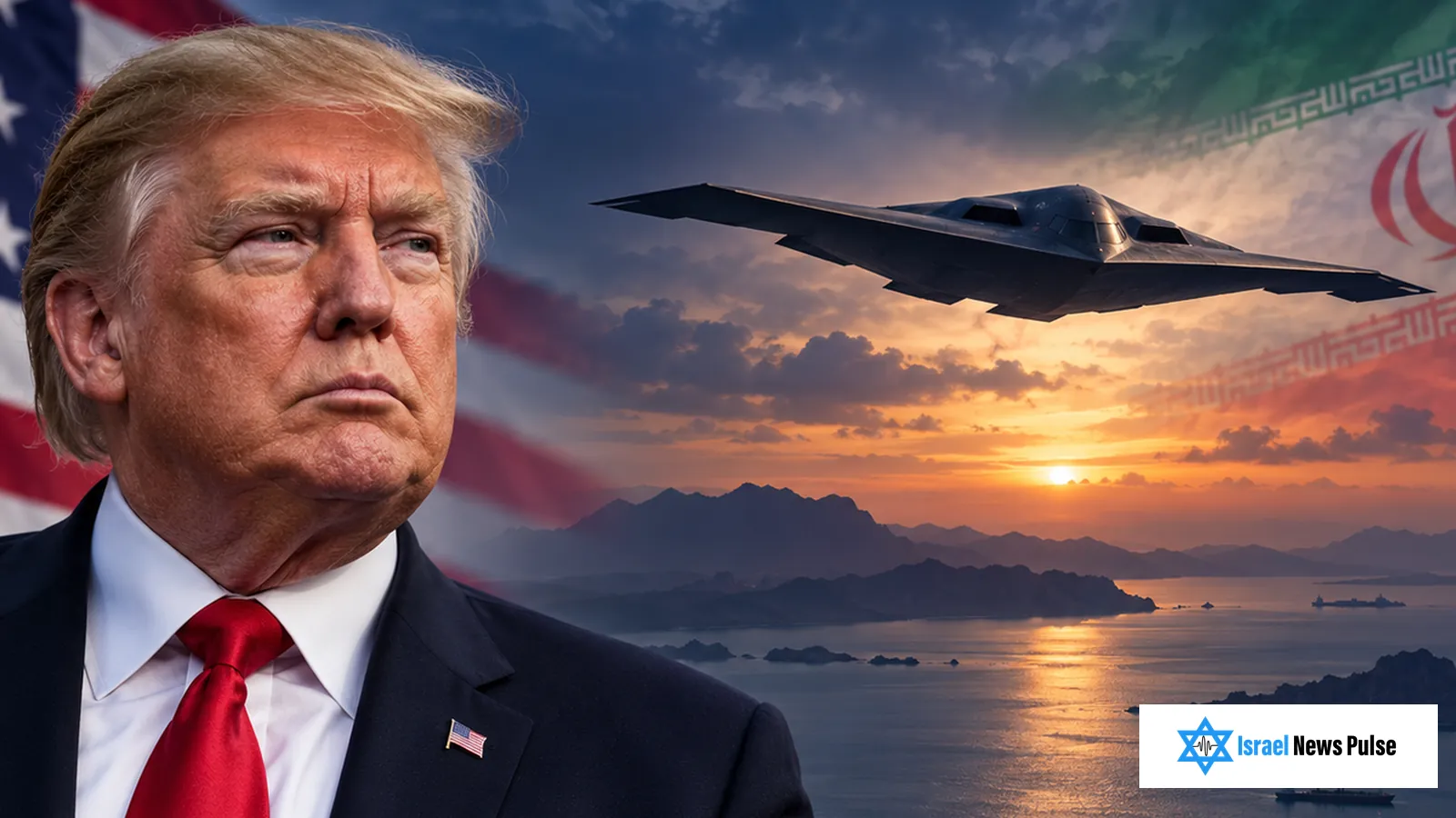 دونالد ترامب وقاذفة B-2 وعلما الولايات المتحدة وإيران فوق مشهد بحري في الخليج عند الغروب