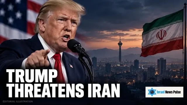 Ilustración editorial de Donald Trump ante un micrófono junto al perfil urbano de Teherán y una bandera iraní, con la marca Israel News Pulse.
