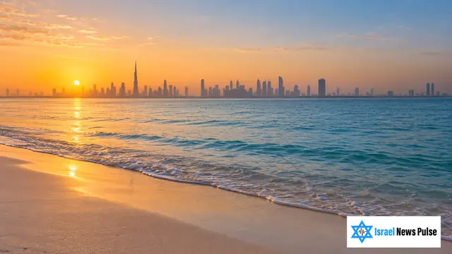 Un mar azul y tranquilo se encuentra con una playa desértica clara al amanecer, con una ciudad lejana al otro lado del agua.
