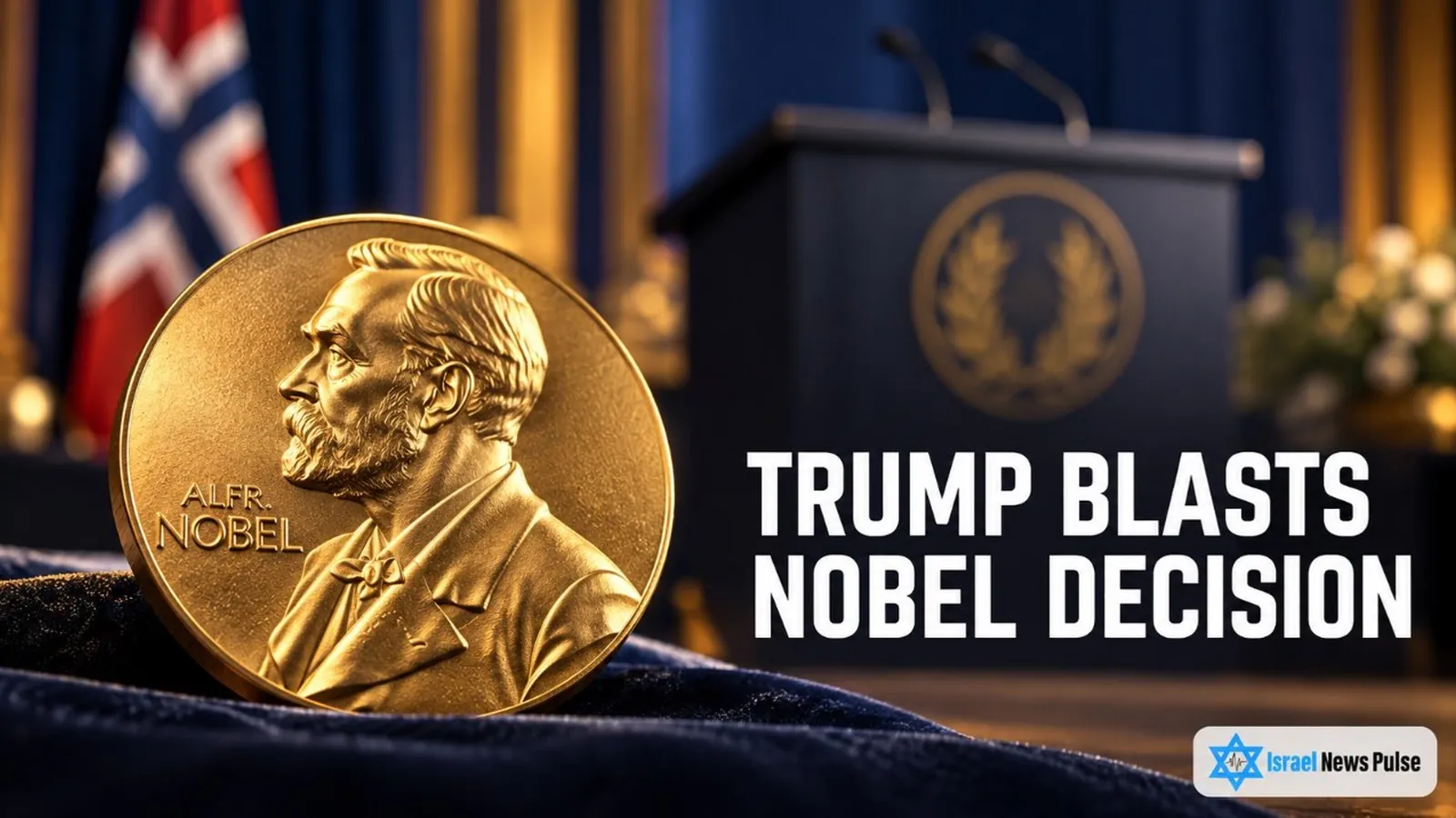 Eine goldene Nobelmedaille steht vor einem unscharfen Präsidentenpult und einer englischen Schlagzeile über Trump.
