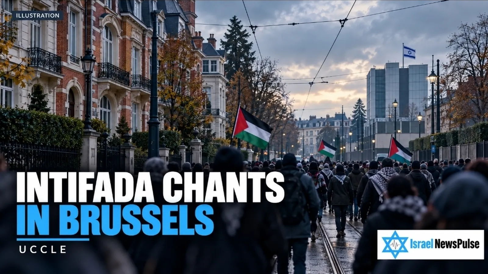 Demonstranten mit palästinensischen Fahnen gehen in der Abenddämmerung eine von Bäumen gesäumte Straße in Brüssel entlang, im Hintergrund hängt eine israelische Fahne an einem Gebäude.