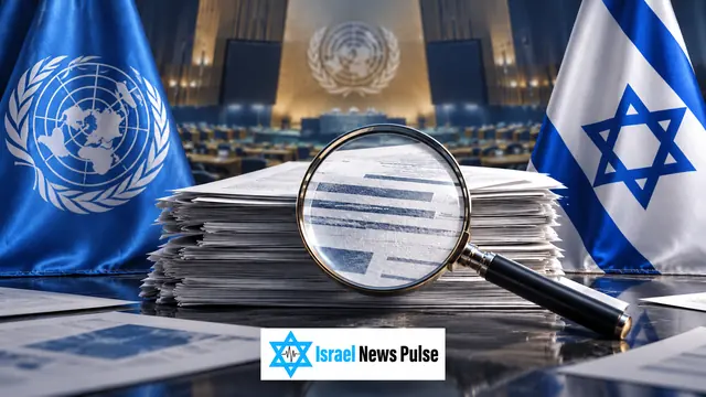 Redaktionelle Illustration mit UN- und Israel-Flagge, Dokumenten und Lupe sowie dem Wasserzeichen von Israel News Pulse.