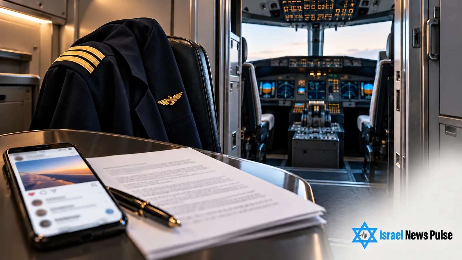 Leeres Cockpit eines Verkehrsflugzeugs mit einer Pilotenjacke auf einem Sitz und juristischen Unterlagen auf der Konsole.