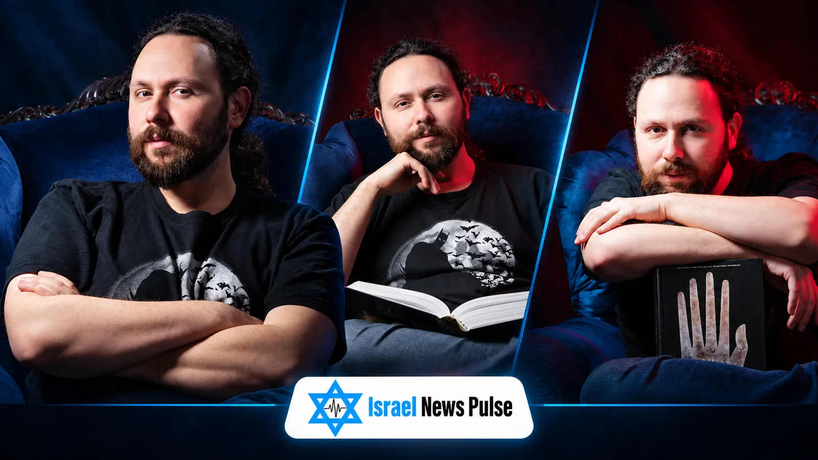 Três retratos do escritor israelense Uri Kurlianchik, incluindo dois com um livro.