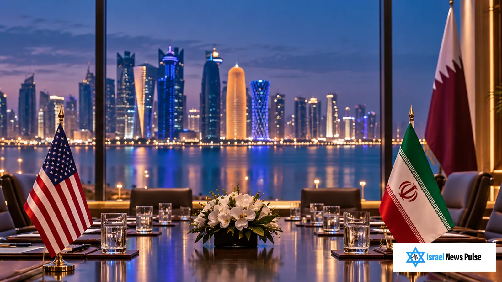 Tischflaggen der USA und Irans an einem Verhandlungstisch mit Blick auf die nächtliche Skyline von Doha