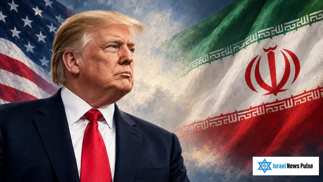 Donald Trump ao lado das bandeiras dos EUA e do Irã