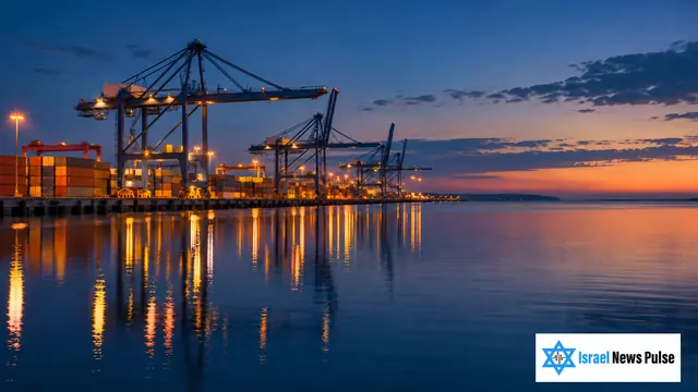 Contenedores de carga y grúas lejanas bordean un puerto tranquilo mientras luces cálidas se reflejan en el agua oscura al anochecer.