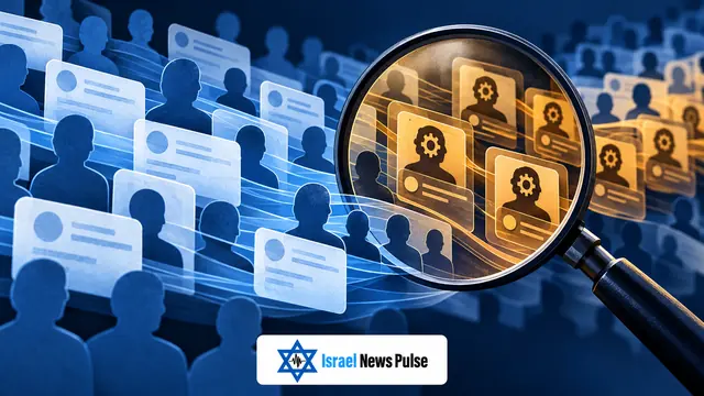 ملفات شخصية مجهولة تحت عدسة مكبرة مع إبراز حسابات ذات رموز آلية.