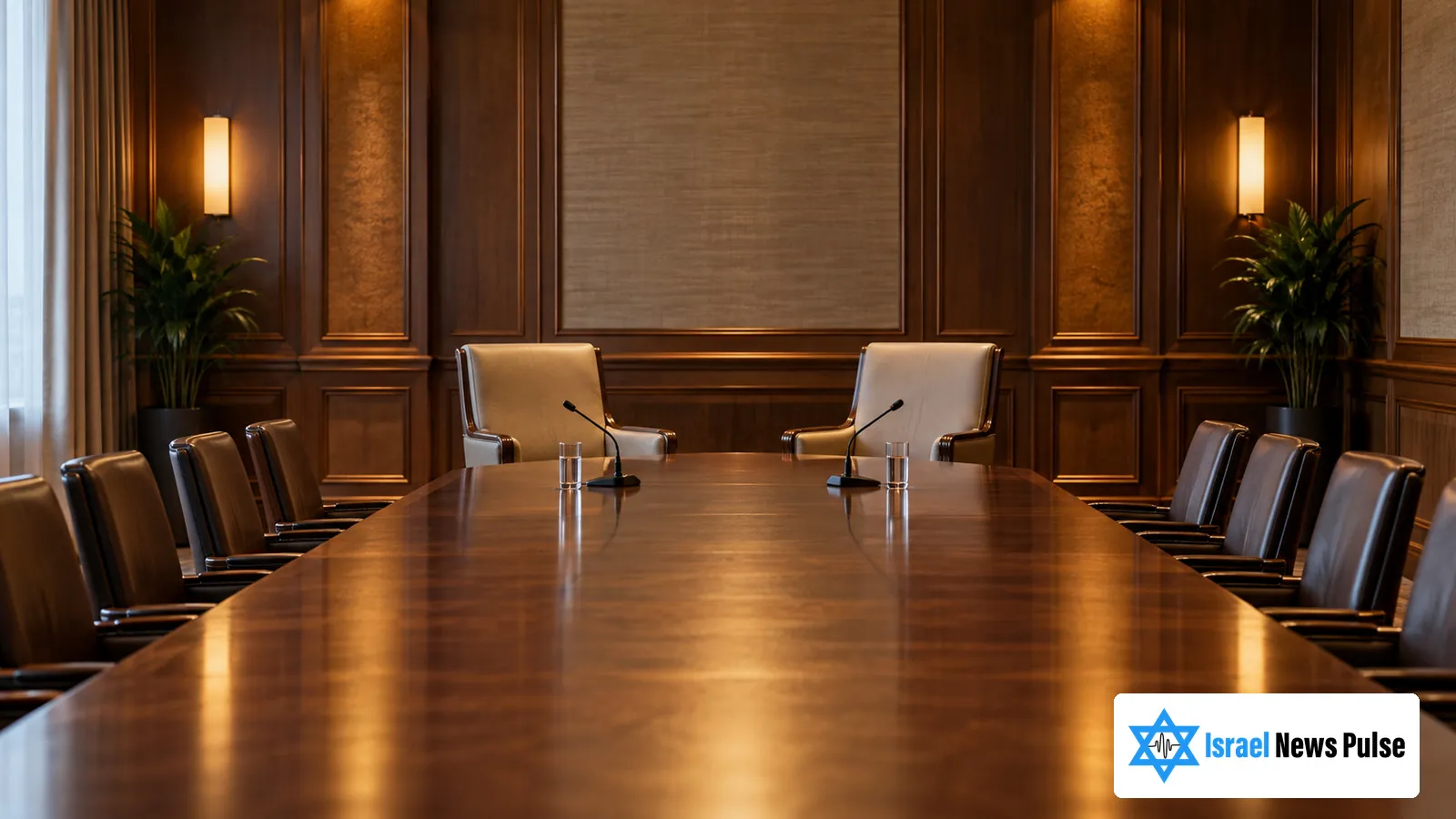 Una mesa pulida con dos micrófonos y vasos de agua ocupa una sala diplomática revestida de madera, con dos sillones orientados uno hacia otro.