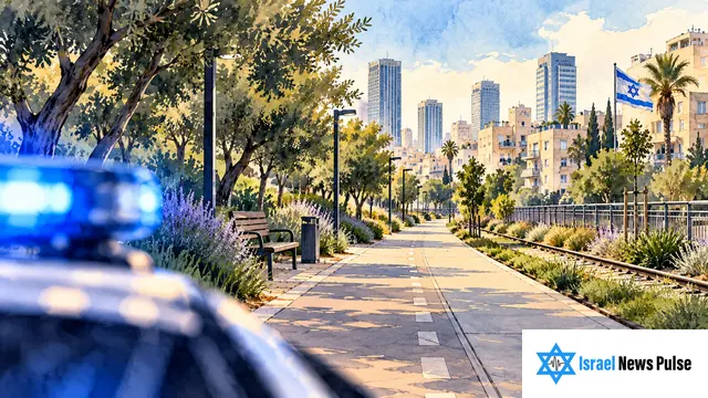 Tel Aviv park path with a police light