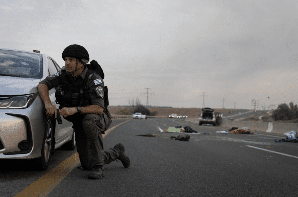 Israeli Border Police officer on a highway between Netivot and Sderot, where Israelis were killed by Hamas militants