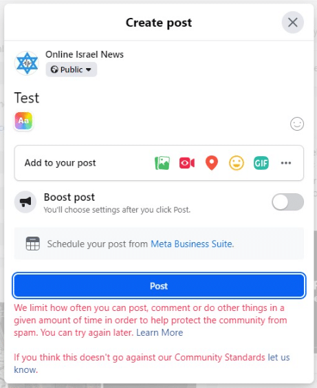 TEST post, banned page, for reporting on Hamas atrocities and Israel war