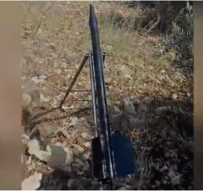 A screenshot from a video published on July 10, 2023, shows a rocket that a Palestinian group calling itself the Al-Ayyash Batallion claimed to have fired from Jenin at the northern West Bank settlement of Shaked. (Twitter. Used in accordance with Clause 27a of the Copyright Law)