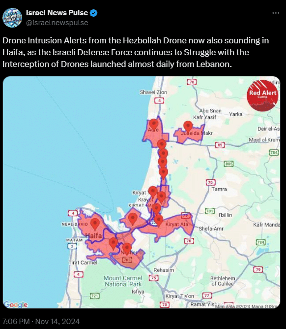 Drone Intrusion Alerts from the Hezbollah Drone now also sounding in Haifa, as the Israeli Defense Force continues to Struggle with the Interception of Drones launched almost daily from Lebanon.