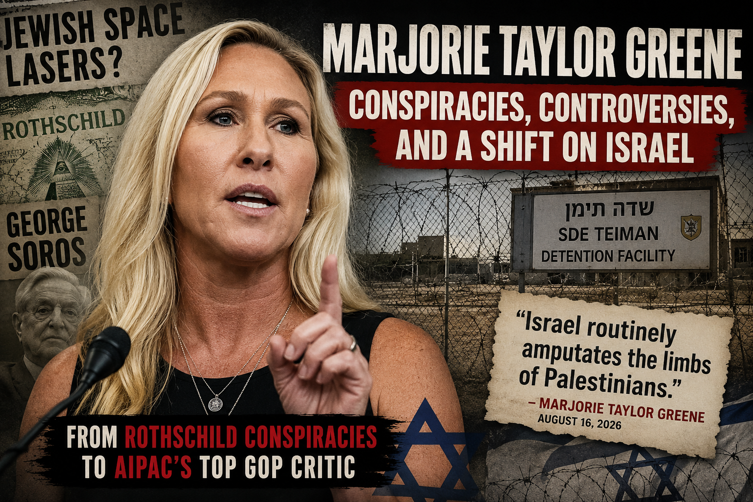 file_00000000b1088243962bbc4d325b7291 | Israel News Pulse Composite collage featuring Marjorie Taylor Greene speaking at a podium, overlaid with bold political headlines about conspiracies, a detention facility sign, barbed wire fence, and a torn note quoting 'Israel routinely amputates the limbs of Palestinians.'