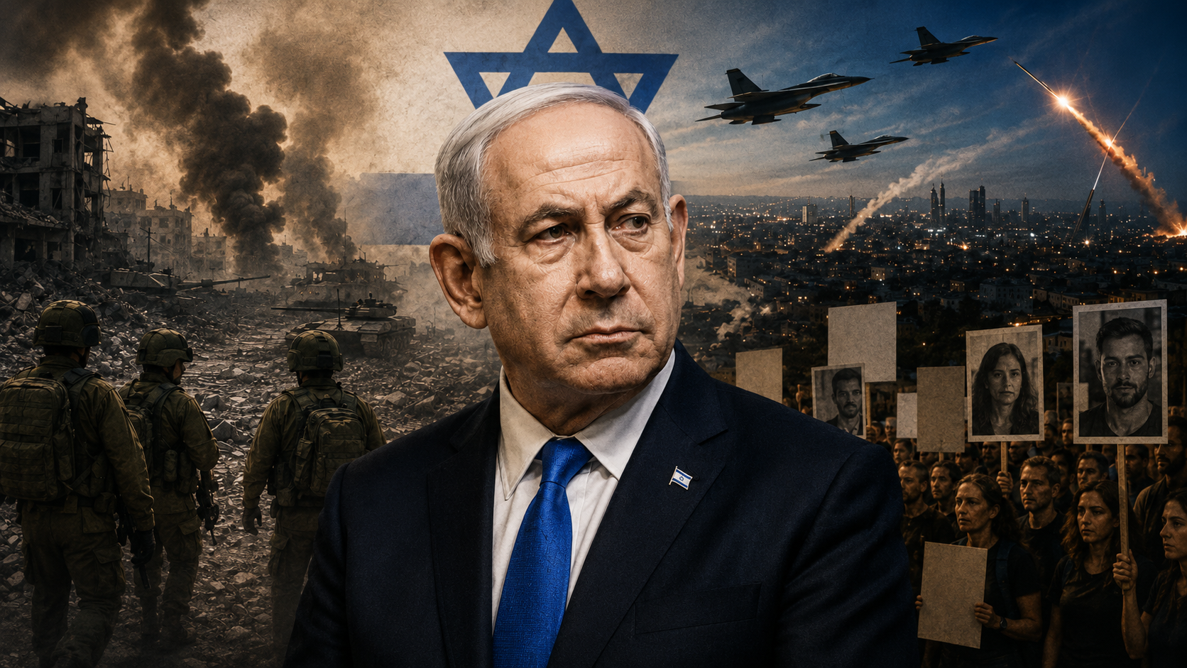 file_00000000d78481f4ba8463c4897caaf5 | Israel News Pulse Portrait of Israeli Prime Minister Benjamin Netanyahu in a suit and blue tie, set against a war-torn backdrop with soldiers, fighter jets, and a protest crowd holding portrait signs.
